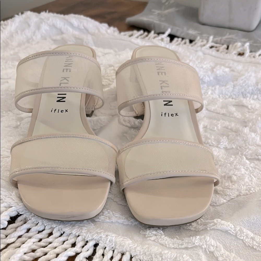 Classic Iflex Cream Slides Mesh Straps Minimalist 2.5" Block Heels Sandals.